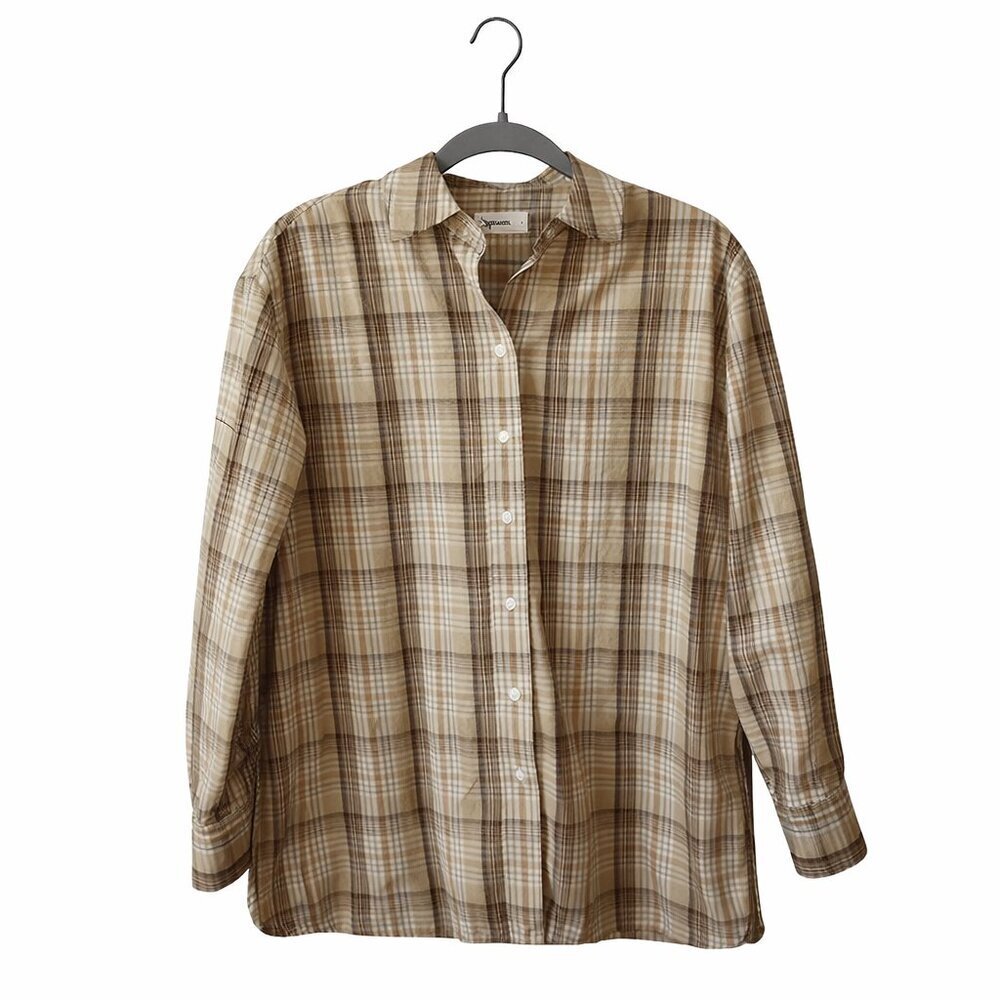 Everlane Supima Cotton Oversized Plaid Button Up Shirt Small Neutral Khaki - Picture 3 of 7